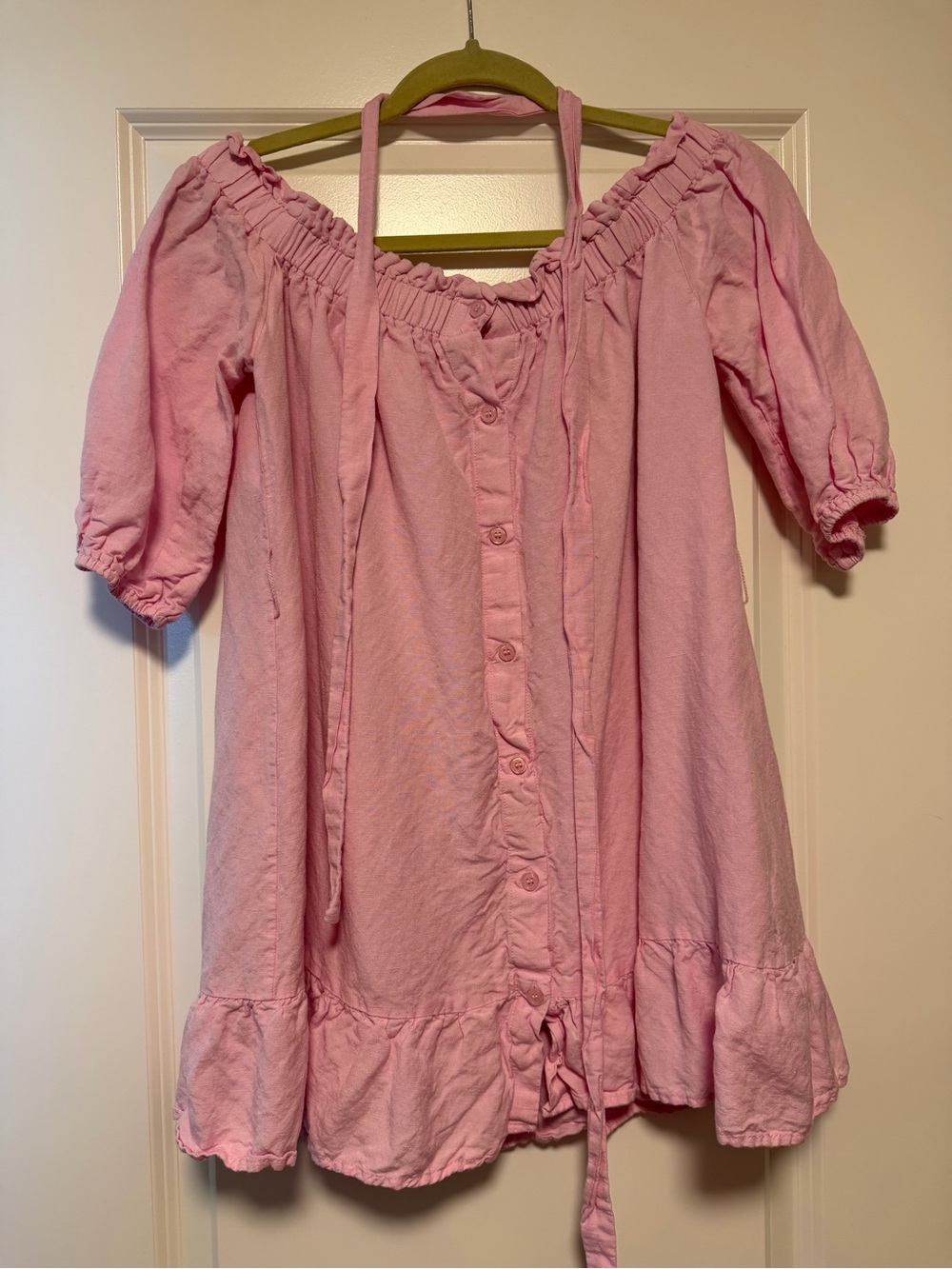 Pink Lily Off-Shoulder Ruffle Hem Button Dress